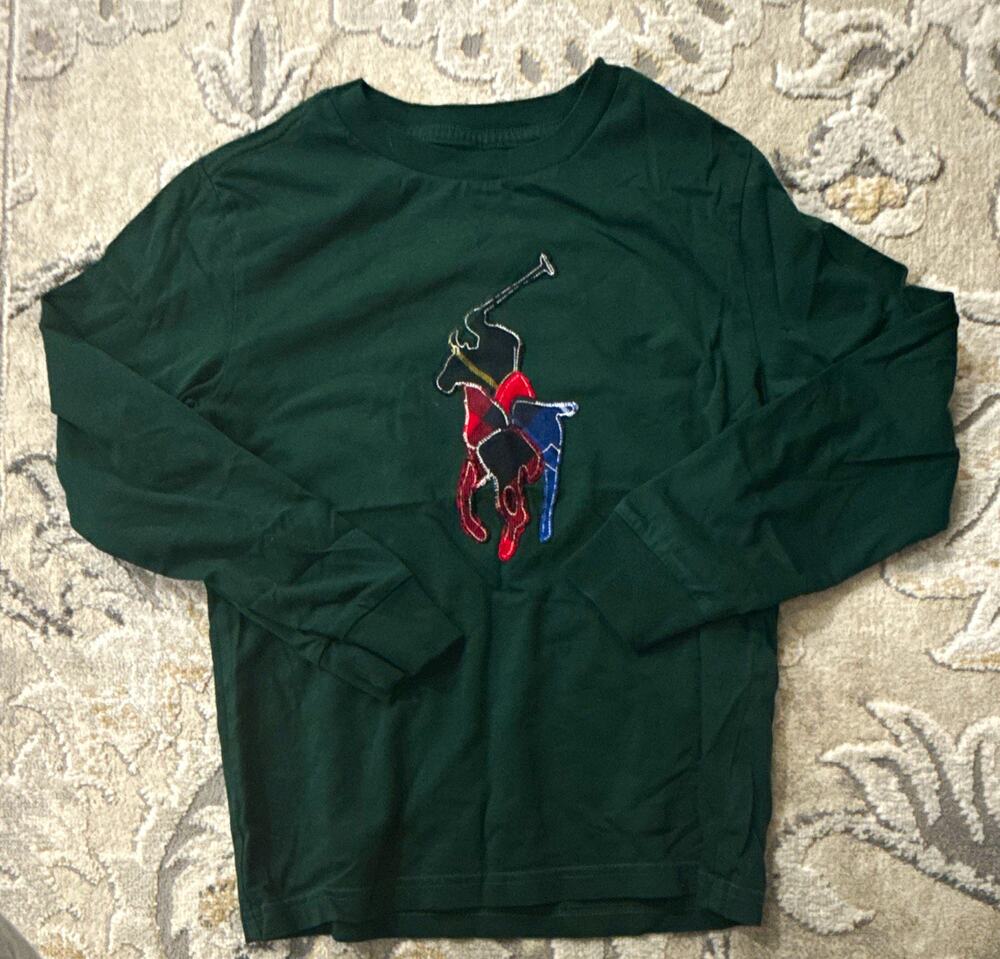 Polo Ralph Lauren Boys 7 Green Long Sleeve Crew Neck T-Shirt Embroidered Logo